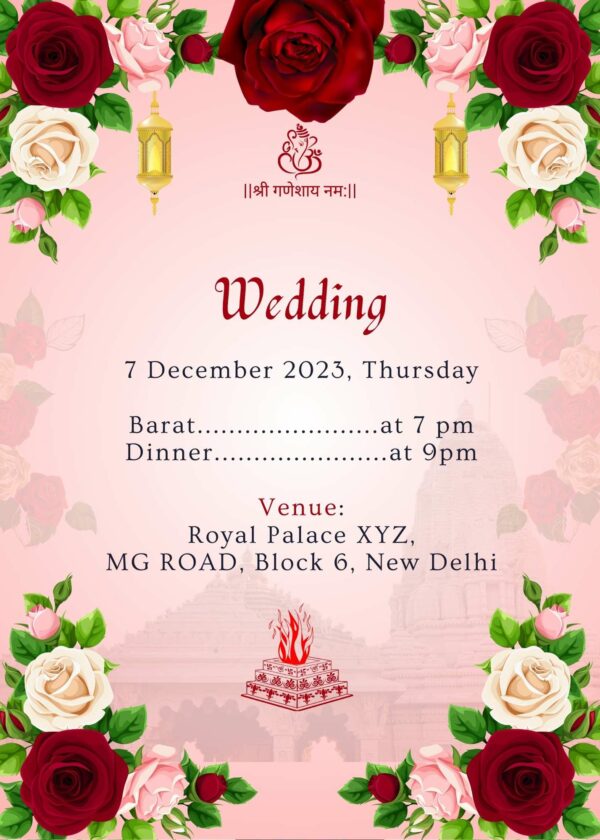 English wedding invitation card with flowers