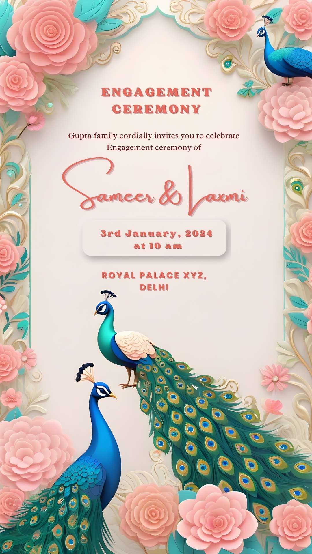 Engagement ceremony invitation with peacock
