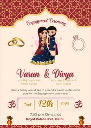 Indian ring ceremony invitation card with caricature design